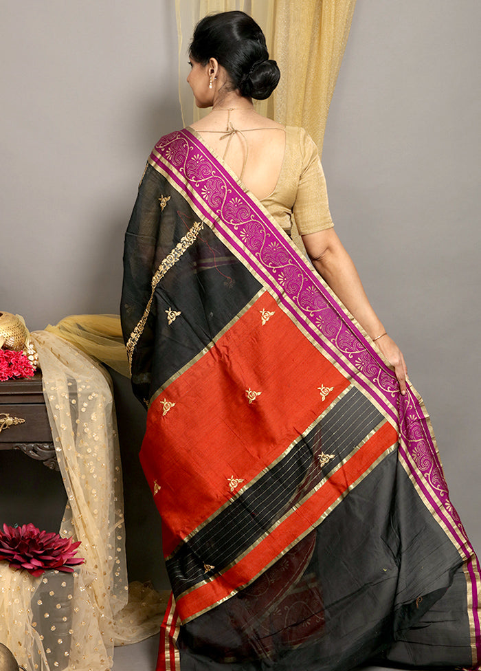 Black Chanderi Pure Silk Handloom Saree With Blouse - Indian Silk House Agencies