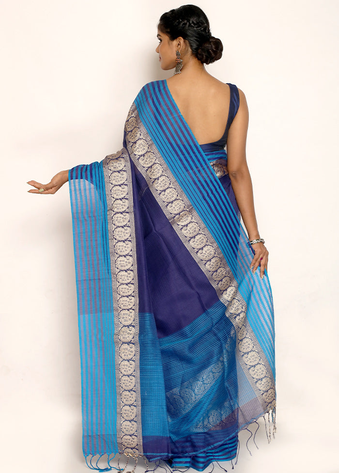 Navy Blue Cotton Saree Without Blouse Piece - Indian Silk House Agencies