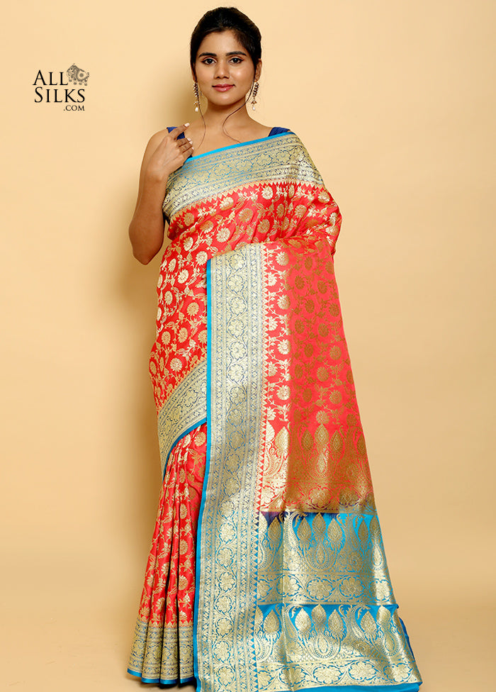 Pink And Blue Banarasi Silk Saree With Blouse Piece - Indian Silk House Agencies