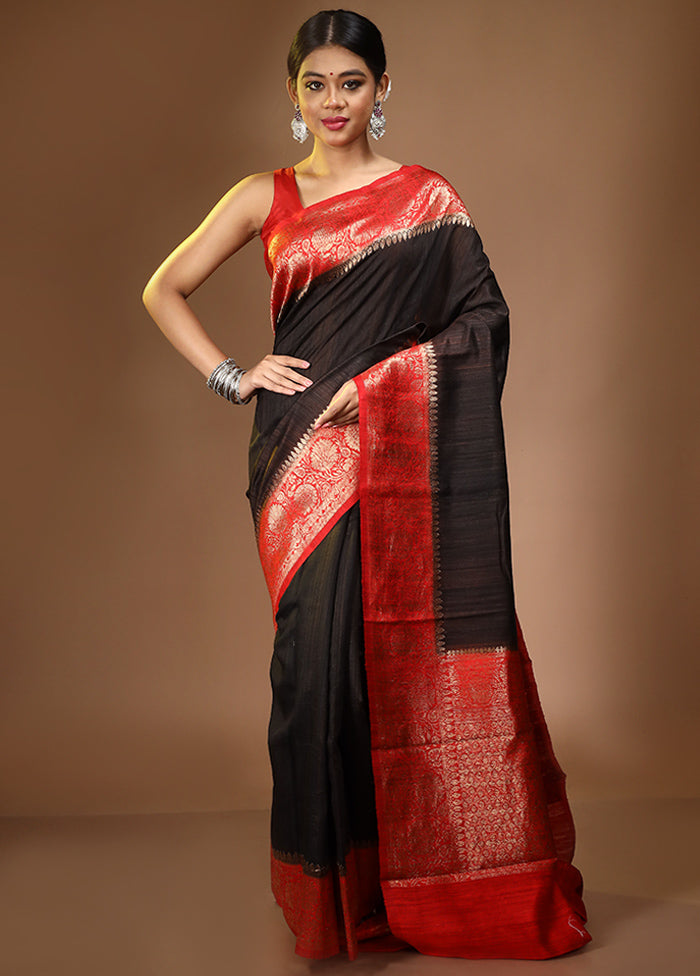 Black Pure Tussar Silk Saree With Blouse Piece - Indian Silk House Agencies