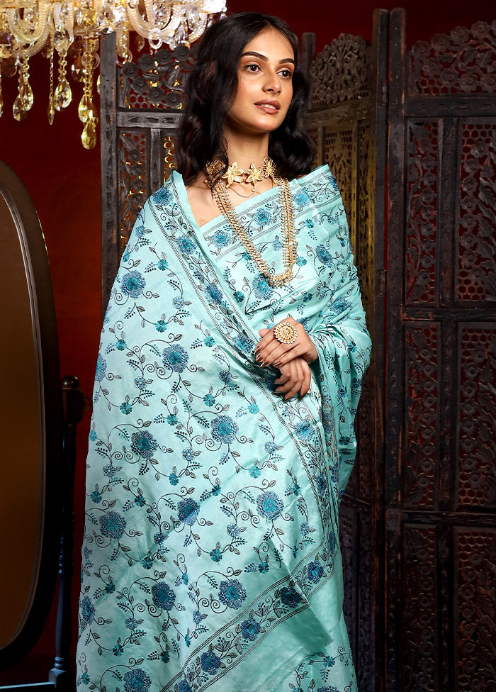 Tiffany Blue Embroidered Pure Tussar Silk Saree With Blouse Piece - Indian Silk House Agencies