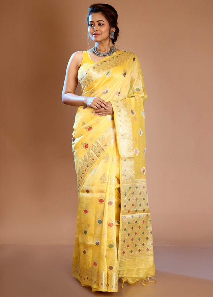 Yellow Linen Silk Saree With Blouse Piece - Indian Silk House Agencies