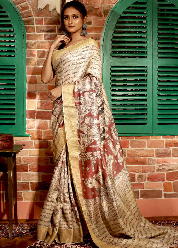 Cream Tussar Pure Silk Kalamkari Woven Saree With Blouse - Indian Silk House Agencies