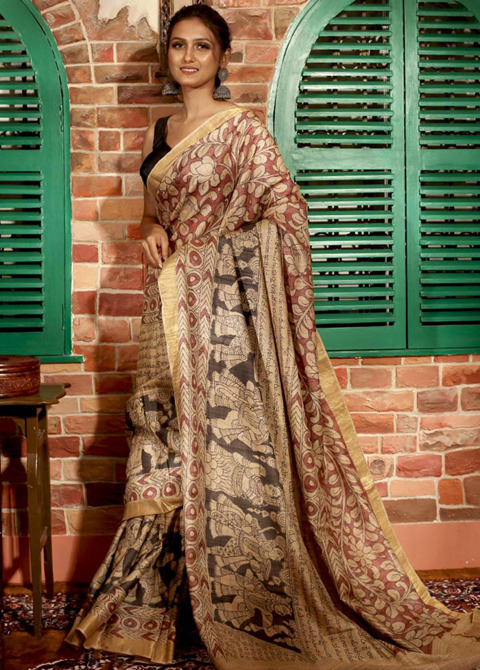 Cream Tussar Pure Silk Kalamkari Woven Saree With Blouse - Indian Silk House Agencies