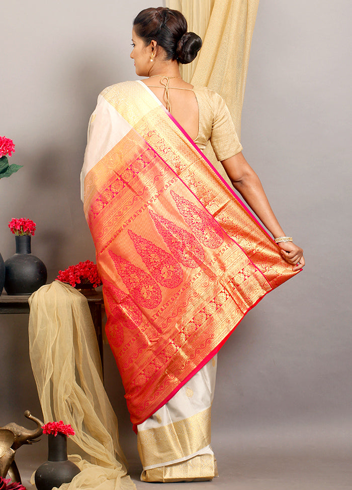 White Kanjivaram Pure Silk Zari Woven Saree With Blouse - Indian Silk House Agencies