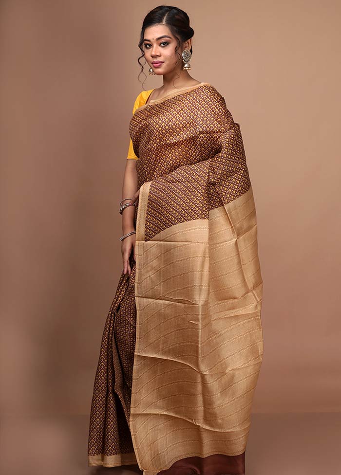 Brown Pure Printed Silk Saree With Blouse Piece - Indian Silk House Agencies