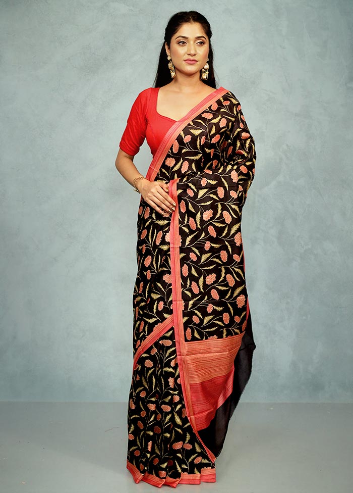 Black Printed Pure Silk Saree With Blouse Piece - Indian Silk House Agencies