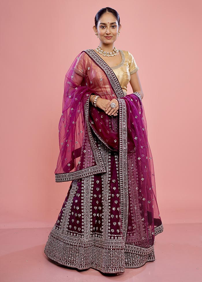 3 Pc Purple Semi Stitched Velvet Lehenga Set - Indian Silk House Agencies