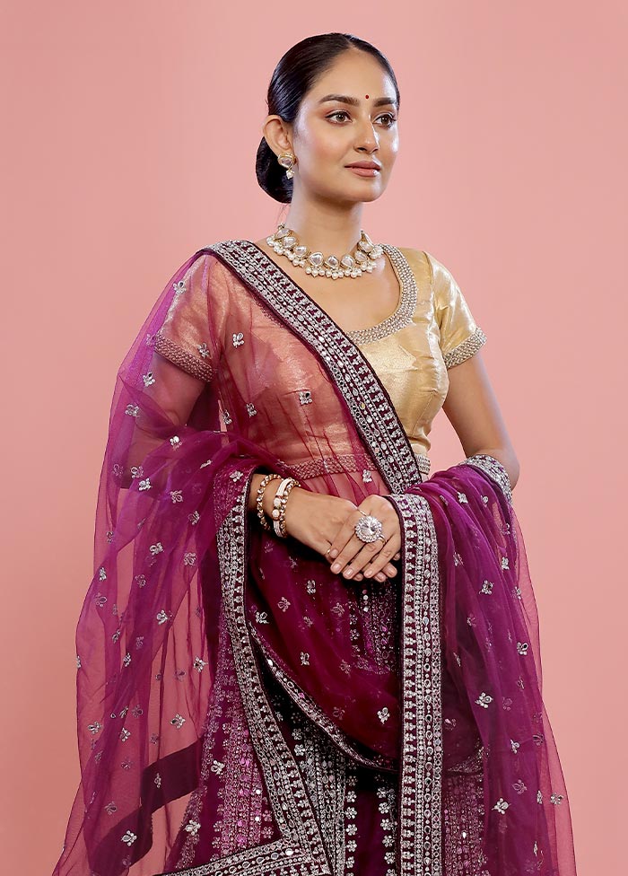3 Pc Purple Semi Stitched Velvet Lehenga Set - Indian Silk House Agencies