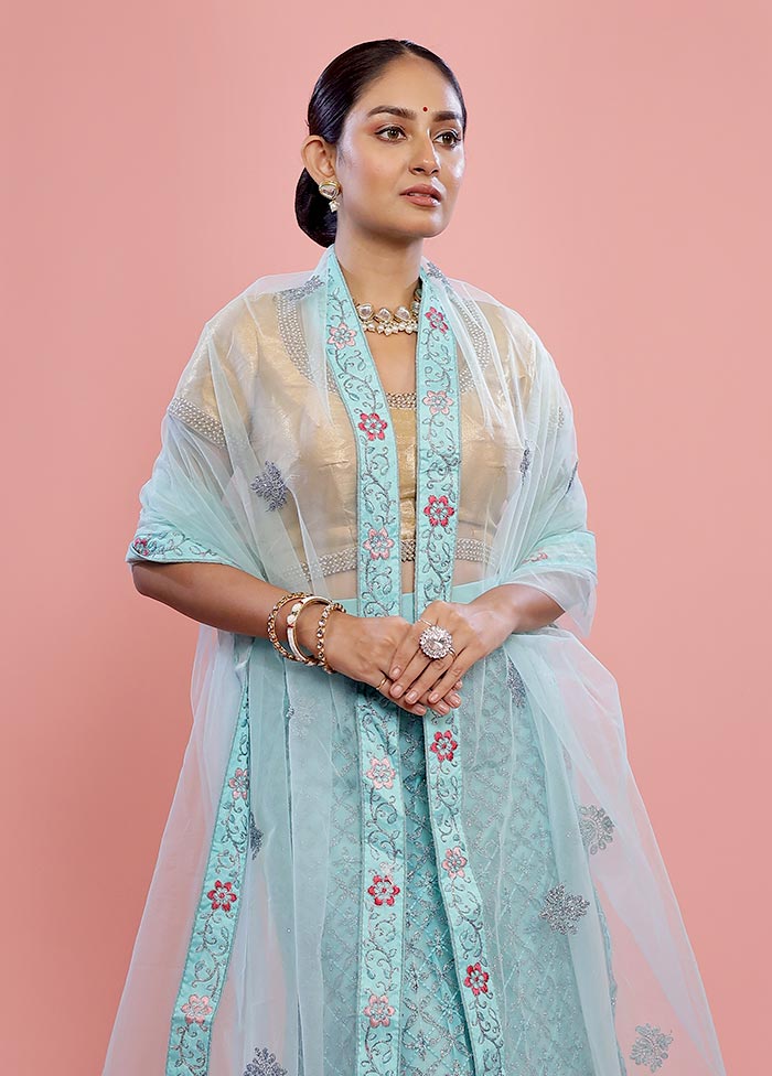 3 Pc Sky Blue Semi Stitched Silk Lehenga Set - Indian Silk House Agencies