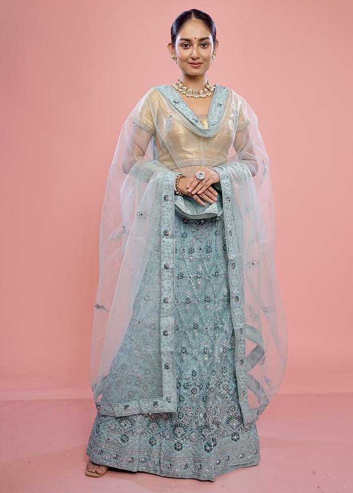 3 Pc Blue Semi Stitched Silk Lehenga Set - Indian Silk House Agencies