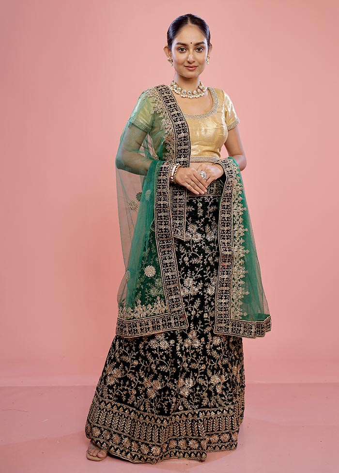 3 Pc Green Semi Stitched Velvet Lehenga Set - Indian Silk House Agencies