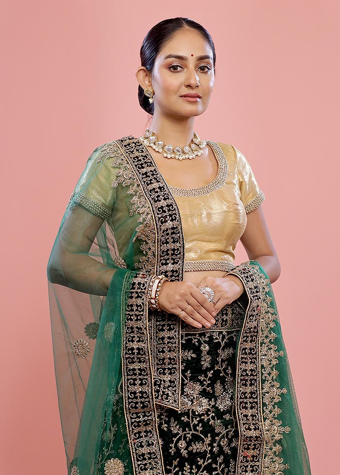 3 Pc Green Semi Stitched Velvet Lehenga Set - Indian Silk House Agencies