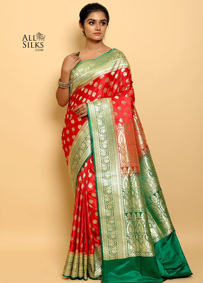 Bridal Red Banarasi Silk Saree With Blouse Piece - Indian Silk House Agencies