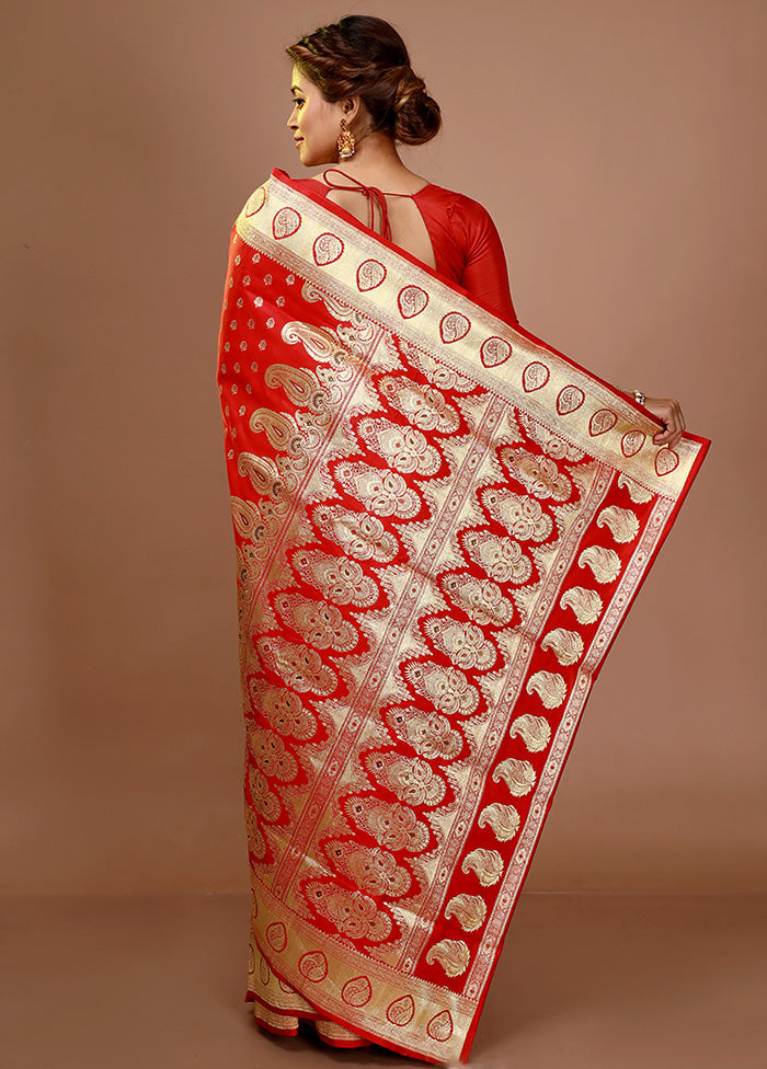 Red Banarasi Pure Silk Zari Woven Saree With Blouse Piece - Indian Silk House Agencies