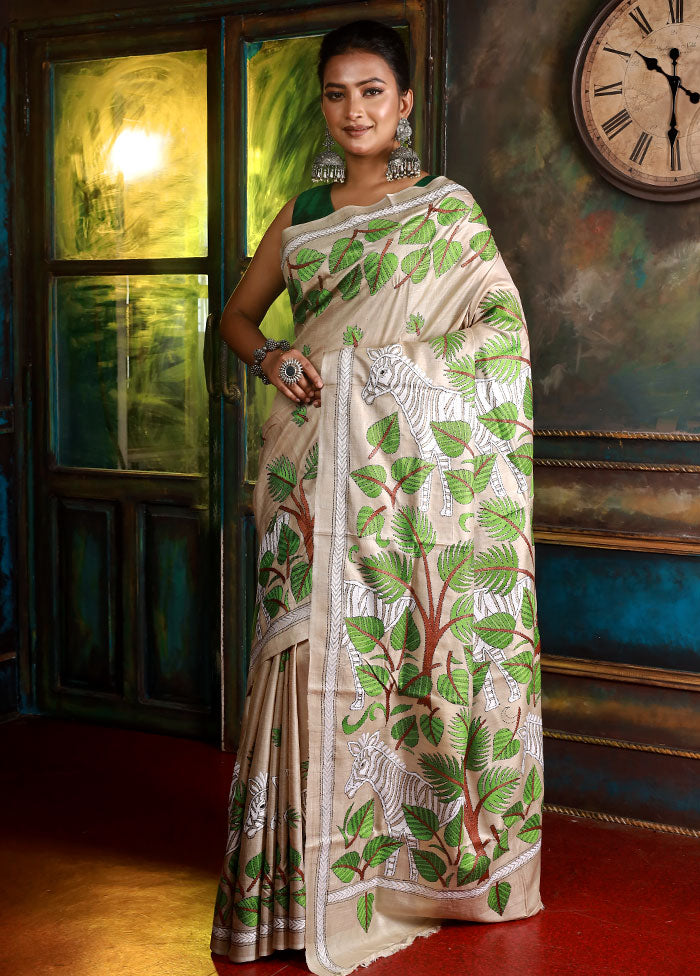 Beige Pure Kantha Stitch Saree Silk With Blouse Piece - Indian Silk House Agencies