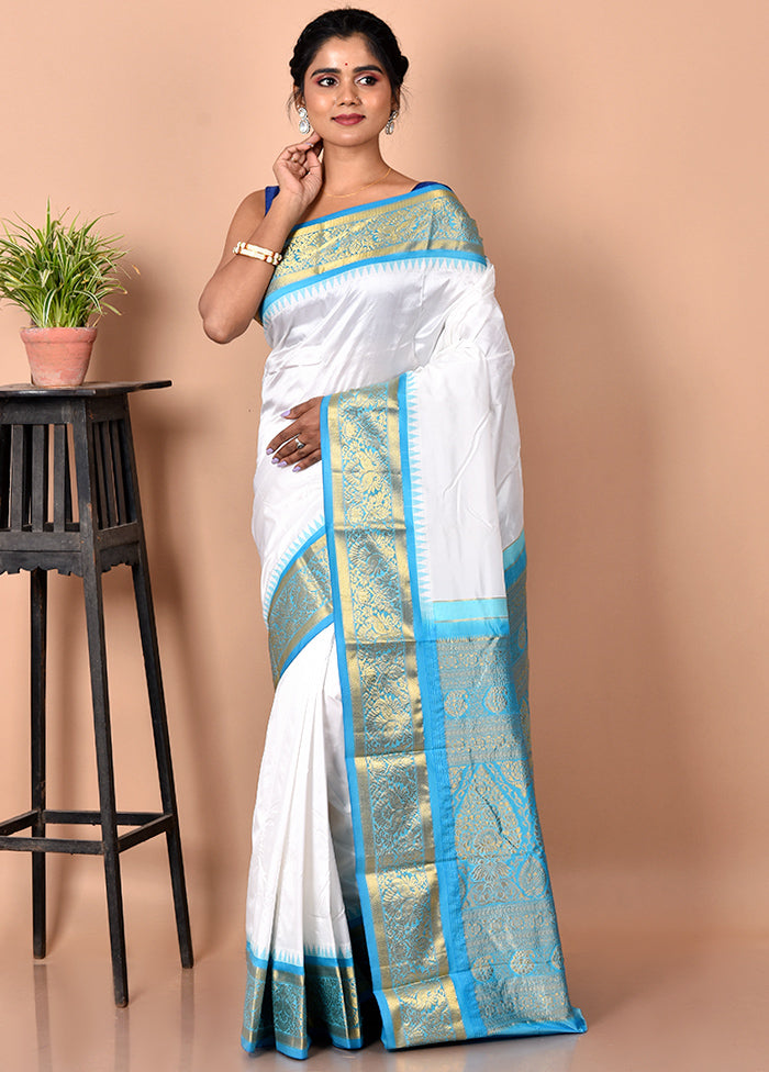 White Pure Kanjivaram Silk Saree With Blouse Piece - Indian Silk House Agencies