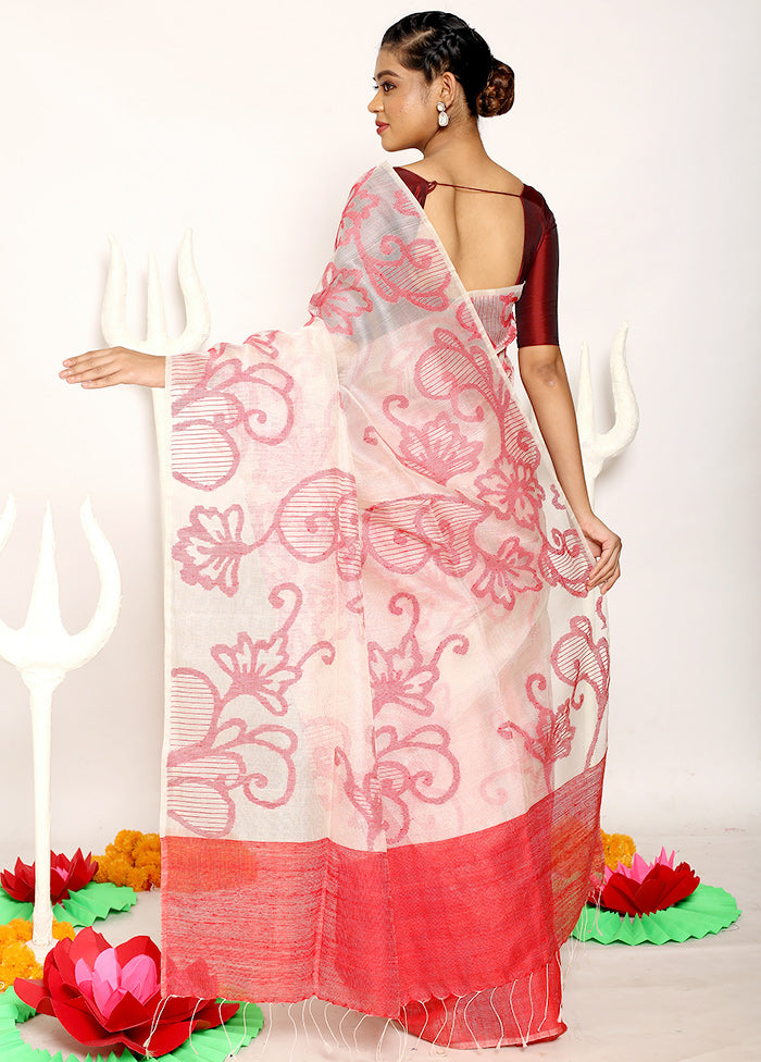White And Red Pure Matka Silk Saree With Blouse Piece - Indian Silk House Agencies