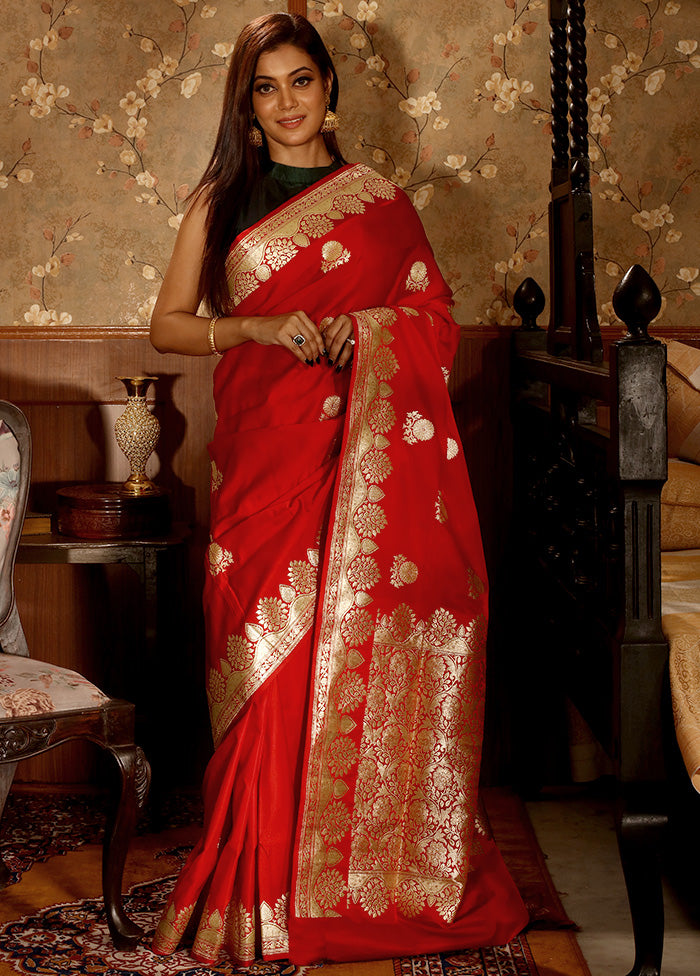 Bridal Red Pure Banarasi Silk Saree With Blouse Piece - Indian Silk House Agencies