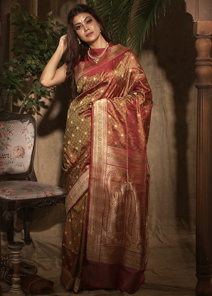 Bridal Maroon Pure Tanchoi Banarasi Saree With Blouse Piece - Indian Silk House Agencies