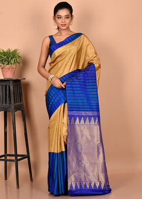Golden Pure Kanjivaram Silk Saree With Blouse Piece - Indian Silk House Agencies