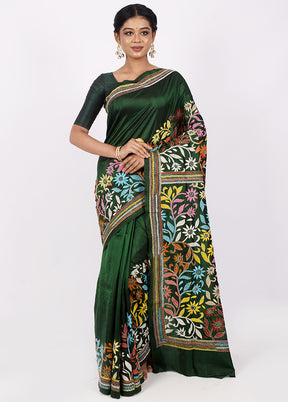 Emerald Green Pure Kantha Stitch Silk Saree With Blouse Piece - Indian Silk House Agencies