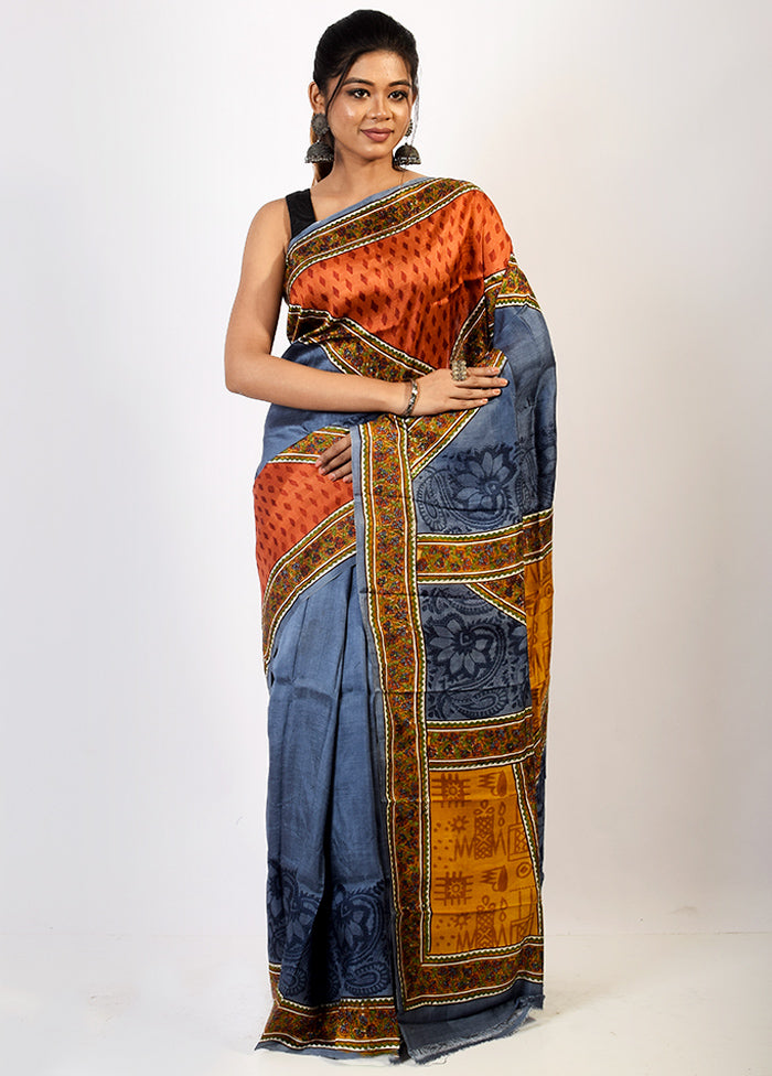 Grey Pure Printed Silk Saree With Blouse Piece - Indian Silk House Agencies