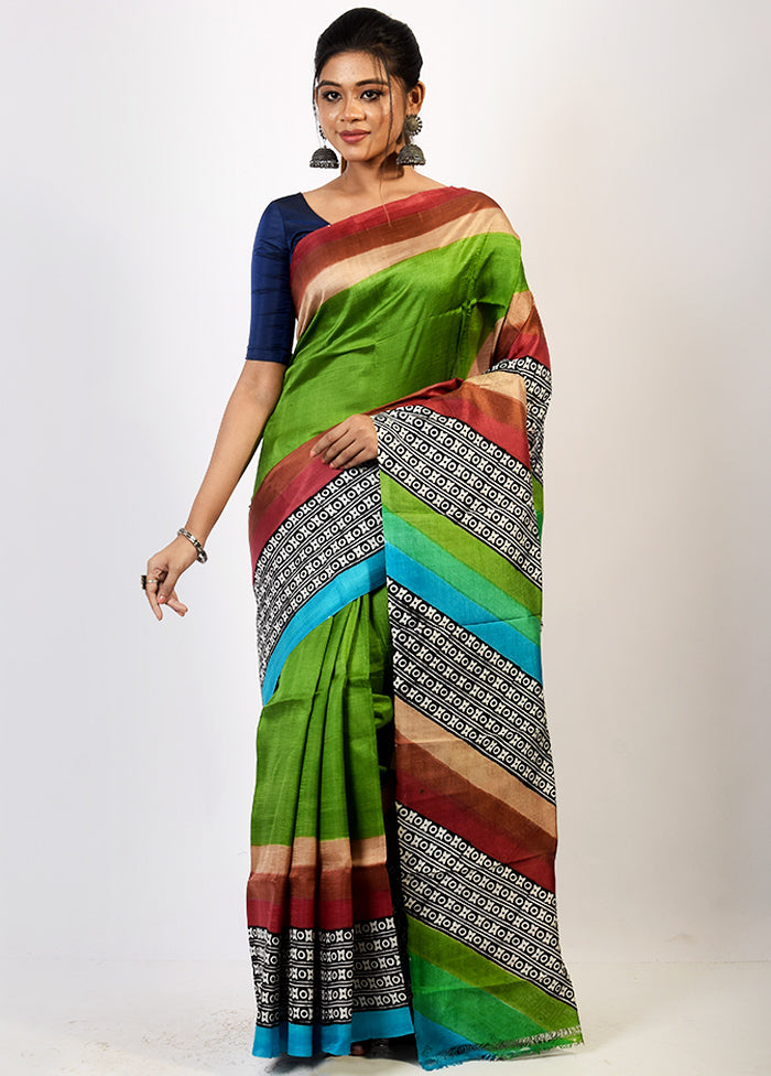 Green Pure Printed Silk Saree With Blouse Piece - Indian Silk House Agencies