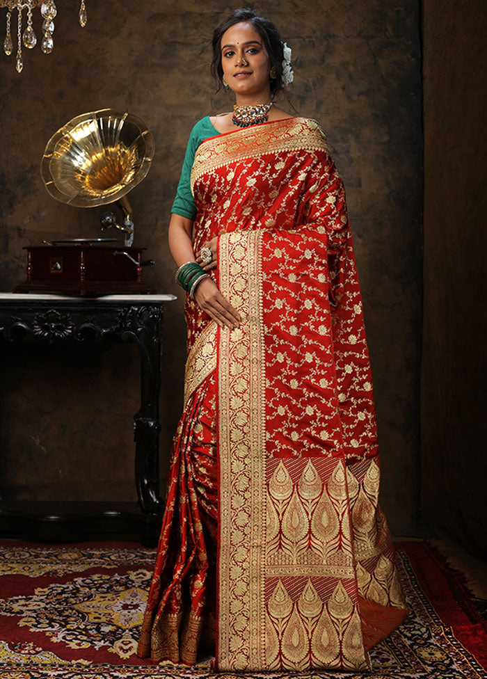 Red Pure Banarasi Silk Saree With Blouse Piece - Indian Silk House Agencies