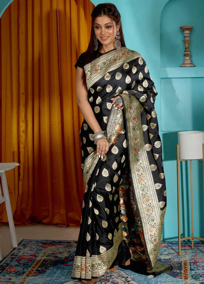 Black Pure Banarasi Silk Saree With Blouse Piece - Indian Silk House Agencies