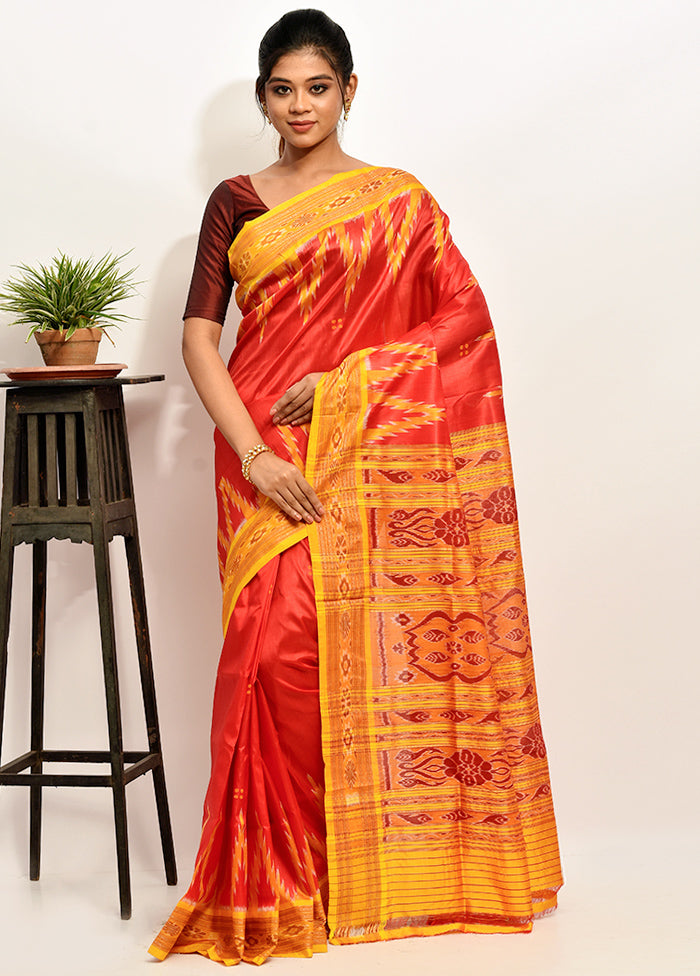 Red Pure Pochampally Silk Saree Without Blouse Piece - Indian Silk House Agencies