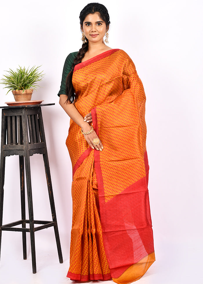 Light Orange Pure Printed Silk Saree With Blouse Piece - Indian Silk House Agencies