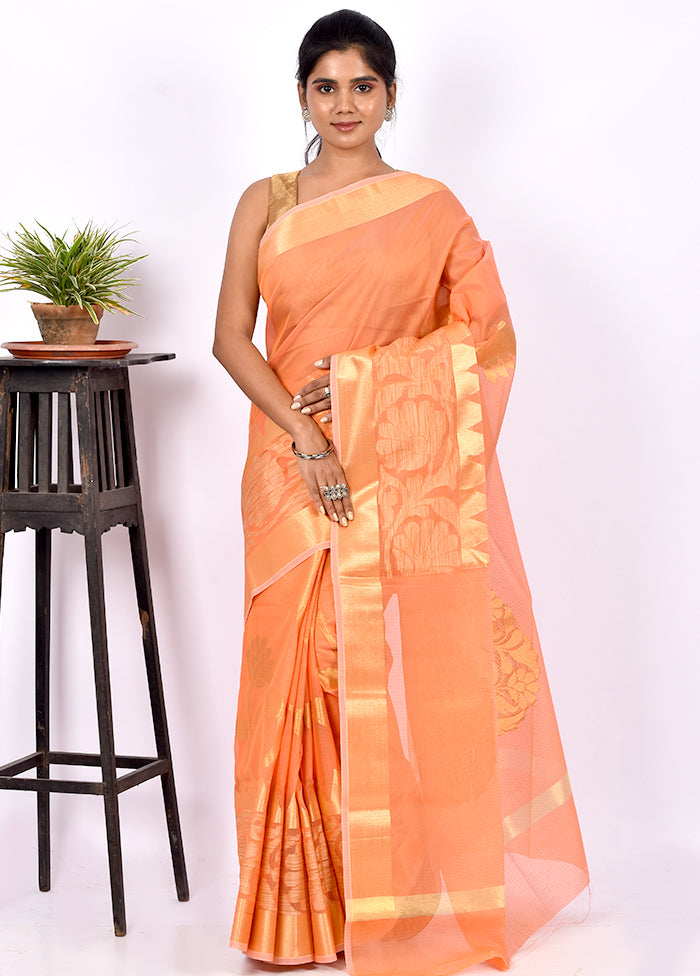Light Orange Cotton Saree Without Blouse Piece - Indian Silk House Agencies
