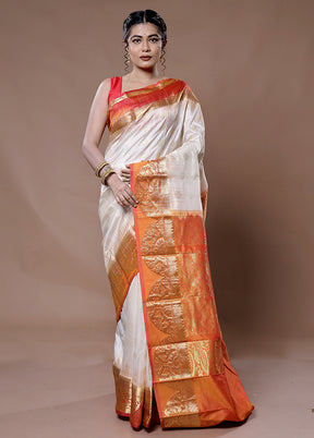White Kanjivaram Pure Silk Saree With Blouse Piece