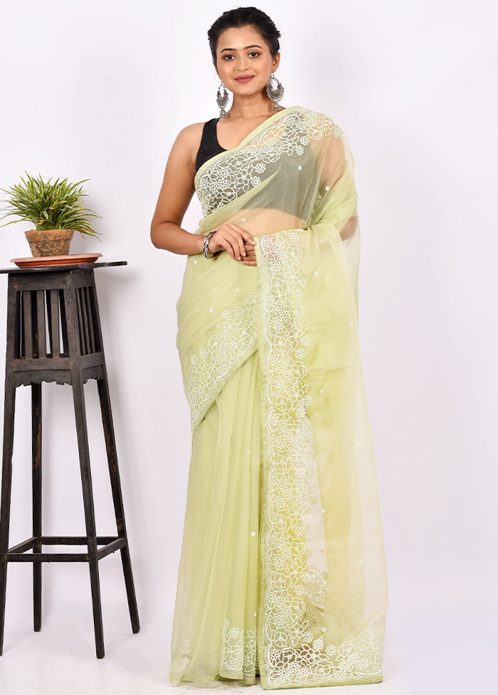 Cream Embroidered Organza Saree With Blouse Piece - Indian Silk House Agencies