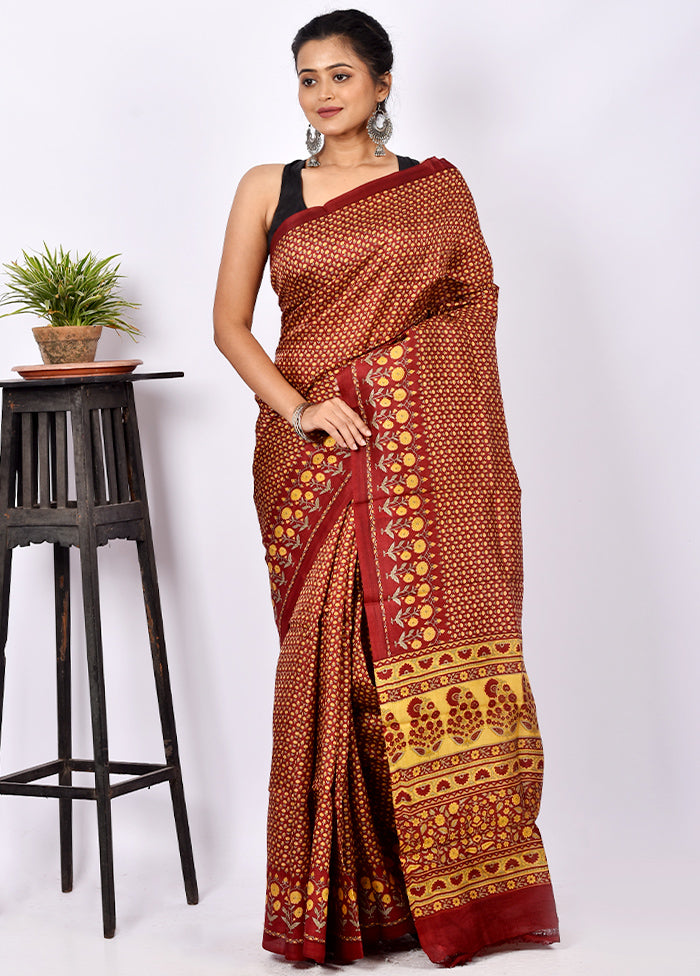 Rust Pure Printed Silk Saree Without Blouse Piece - Indian Silk House Agencies