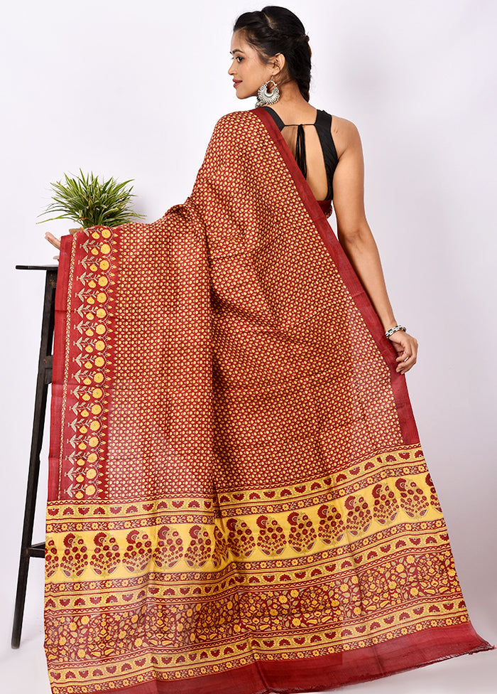 Rust Pure Printed Silk Saree Without Blouse Piece - Indian Silk House Agencies