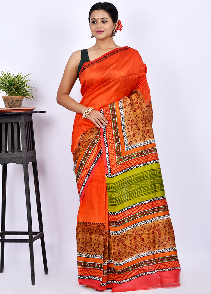 Orange Pure Printed Silk Saree Without Blouse Piece - Indian Silk House Agencies