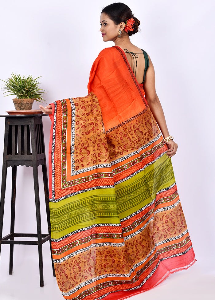 Orange Pure Printed Silk Saree Without Blouse Piece - Indian Silk House Agencies