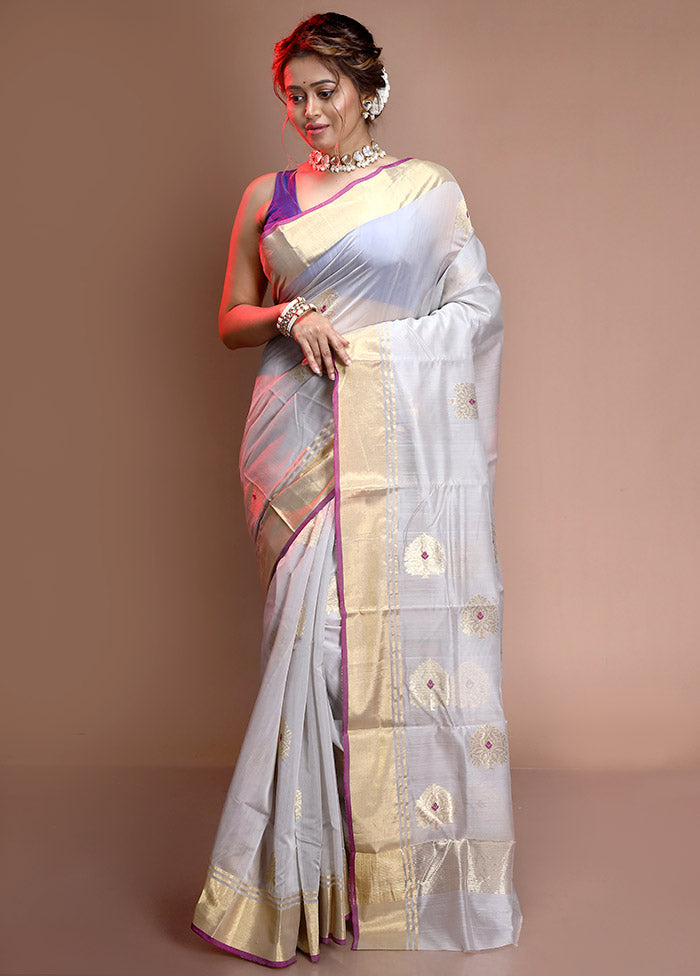 Grey Pure Chanderi Silk Saree With Blouse Piece - Indian Silk House Agencies