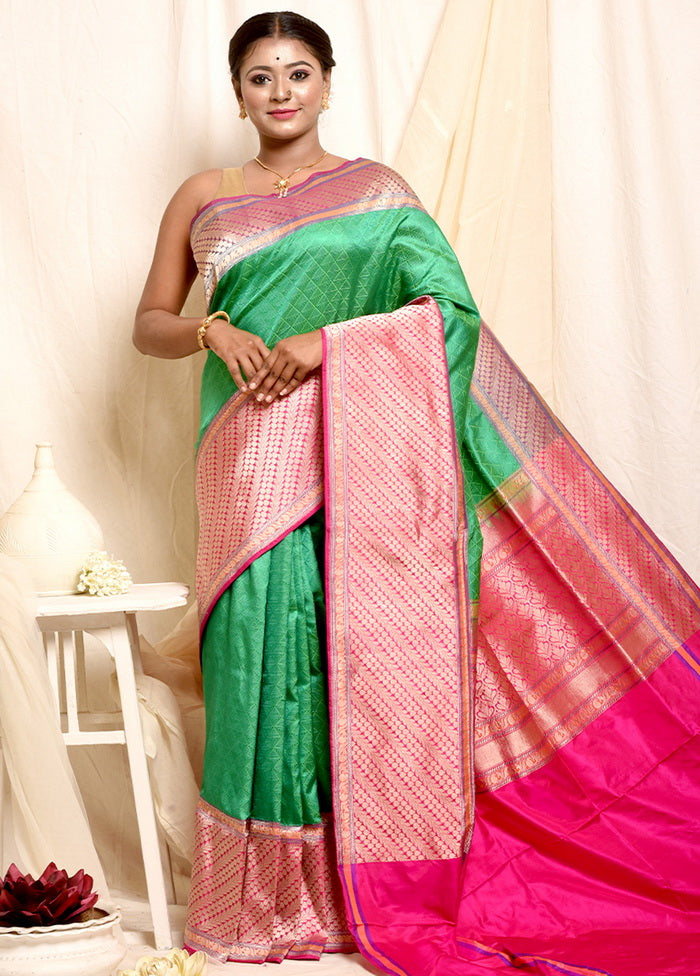 Green Banarasi Pure Silk Handloom Saree With Blouse - Indian Silk House Agencies