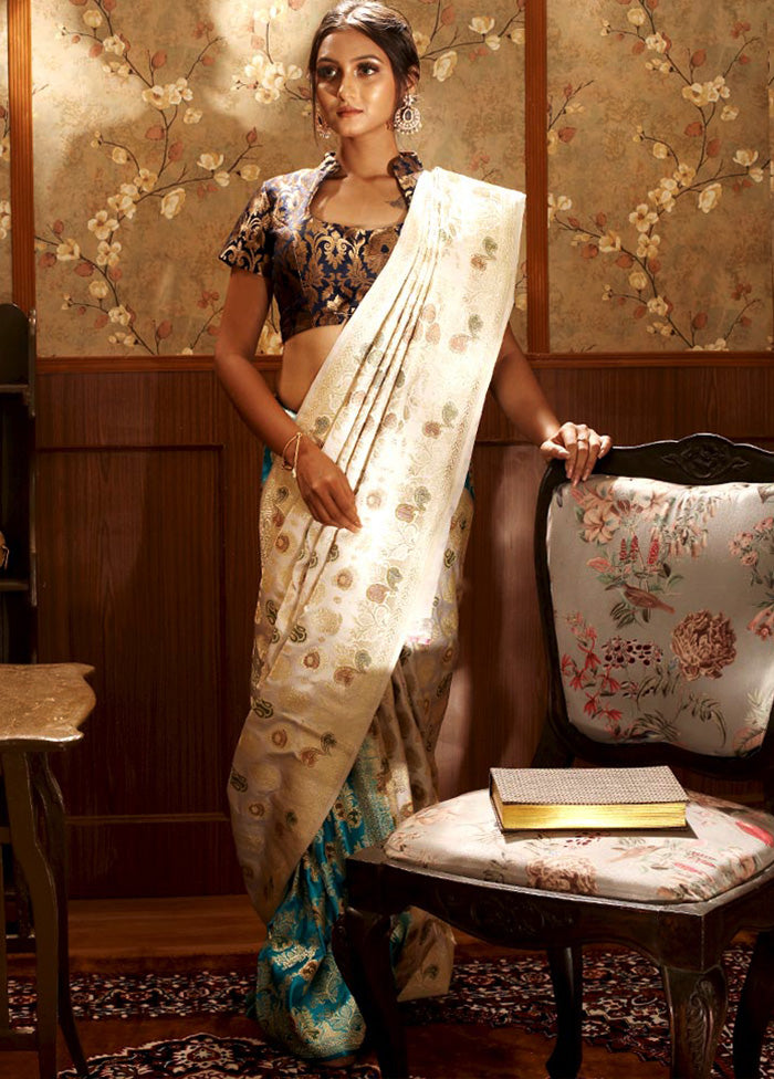Cream Banarasi Pure Silk Zari Woven Saree With Blouse - Indian Silk House Agencies