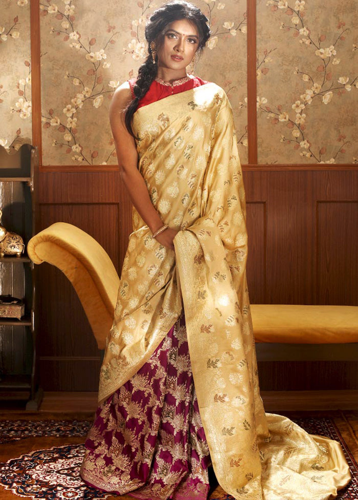 Golden Banarasi Pure Silk Zari Woven Saree With Blouse - Indian Silk House Agencies