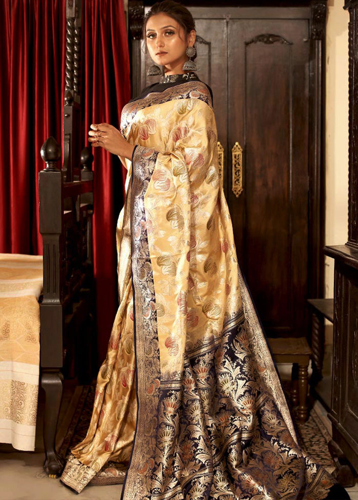 Cream Banarasi Pure Silk Zari Woven Saree With Blouse - Indian Silk House Agencies