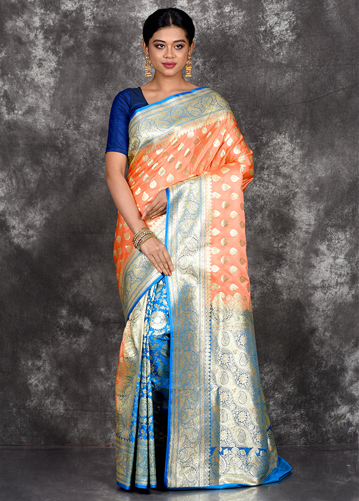 Peach Patli Pallu Banarasi Silk Saree With Blouse Piece - Indian Silk House Agencies