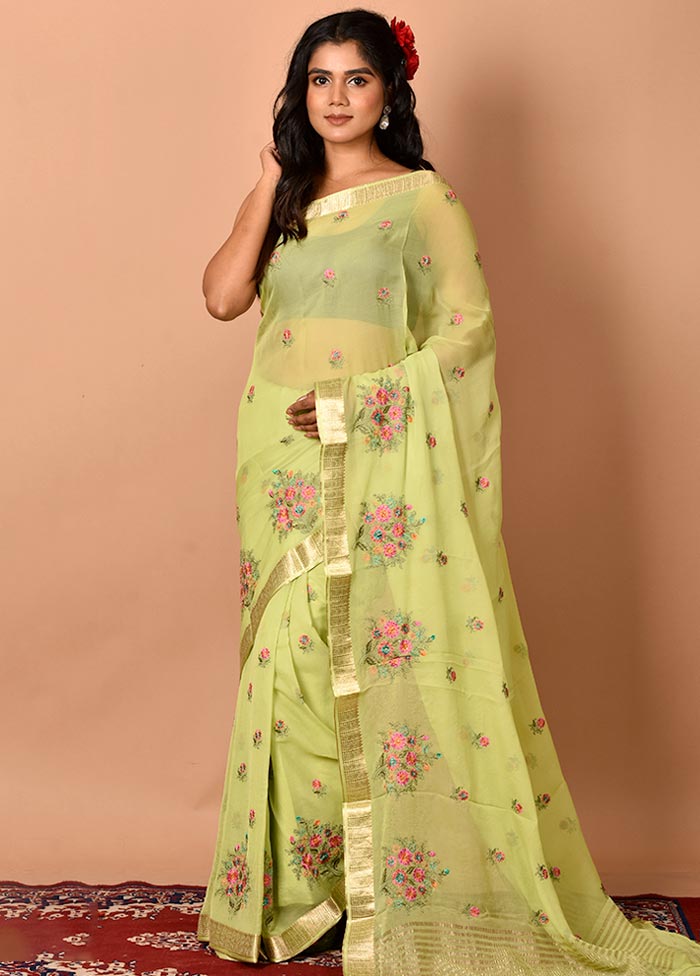 Lemon Green Embroidered Pure Chiffon Saree With Blouse Piece - Indian Silk House Agencies