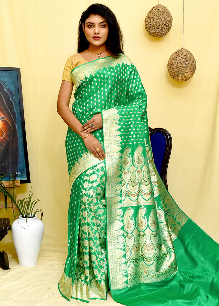 Green Banarasi Pure Silk Handloom Saree With Blouse - Indian Silk House Agencies