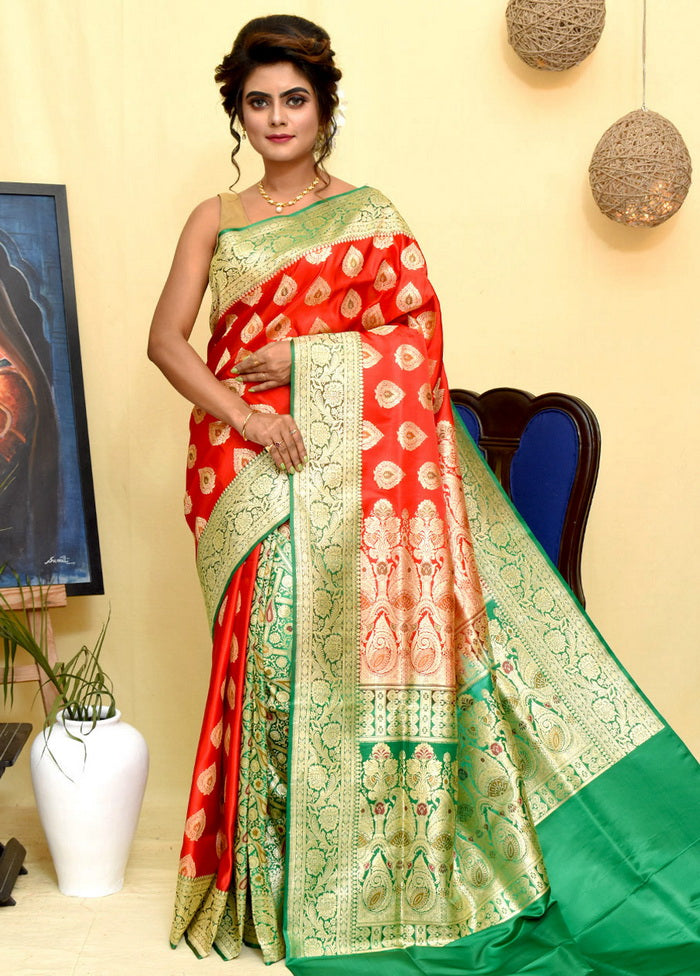 Red Handloom Banarasi Pure Silk Saree With Blouse - Indian Silk House Agencies