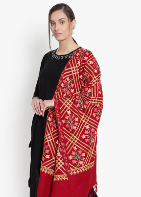 Red Kashmiri Embroidered Woolen Stole - Indian Silk House Agencies
