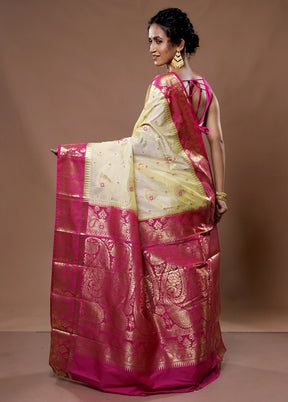 Cream Kanjivaram Silk Saree With Blouse Piece